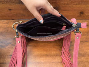 Bolso bandolera con flecos y puntada de cuero de ante rosa para mujer, bolso bohemio floral de cuero occidental, el más vendido - Product Image 6