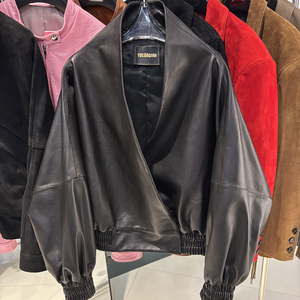 YOLOAgain Chaqueta blusón de cuero genuino para mujer, manga corta abullonada, color sólido, estilo otoñal - Product Image 1