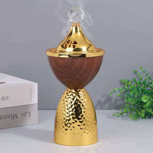 Wholesale Modern Walnut Wood Gold <b>Silver</b> Metal Bakhoor <b>Burner</b> Hammered Base Dome Top Arabian Mabkhara Goblet Shape Oud Incense - Product Image 5
