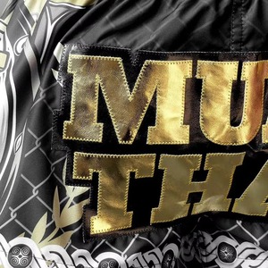 Boxing Shorts Unisex <b>Black</b> Gold Foil Print Durable Stretch Polyester Custom Logo Martial Arts Wear Regular Fit Adult Size - Product Image 6