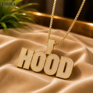 <b>Custom</b> <b>Name</b> Letter "HOOD" Pendant <b>Necklace</b> Iced Out Moissanite Charm Gold Plated Hip Hop Jewelry for Unisex - Product Image 5