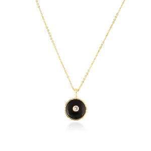 Collar de cadena con colgante redondo de ónix negro y pequeños dijes de circonita cúbica con bisel, chapado en oro de 18k, para hombre y mujer, venta al por mayor. - Product Image 3