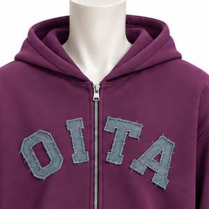 Plum Mens Full <b>Zip</b> <b>Hoodie</b> Chenille Letter Patch Heavyweight Fleece Oversized Casual Streetwear Sweatshirt with Kangaroo <b>Pockets</b> - Product Image 3