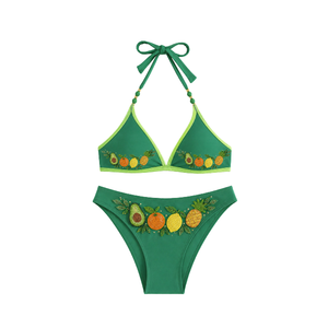 Conjunto de Bikini Bordado a Mano con Cuentas, Escote Halter con Estampado Tropical, Traje de Baño de 2 Piezas, Bikini Triangular para Mujer, Ropa de Playa - Product Image 2