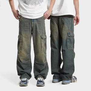 Pantalon cargo en jean délavé pour homme, coupe ample, taille mi-haute, couleur unie, style décontracté, tissu en coton tissé pour l'automne - Product Image 6