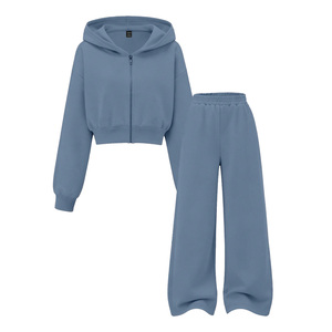 Conjunto de Sudadera Corta con Cremallera y Pantalones Anchos de Felpa para Mujer, Chándal de Forro Polar Pesado con Logotipo Personalizado, Conjunto de Algodón Premium - Product Image 3