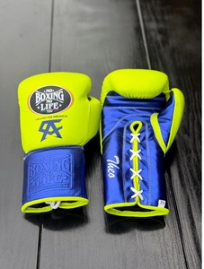 Custom Made No Boxing No Life Canelo Yellow Blue Real Cowhide Leather MMA Training Boxing <b>Gloves</b> Lace-Up Lightweight Breathable - Product Image 2