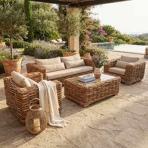 Handcrafted L Shaped Wicker Sectional <b>Sofa</b> Set Cushioned Woven <b>Rattan</b> Chaise Lounger Furniture for Outdoor Patio and Living Room - Product Image 3