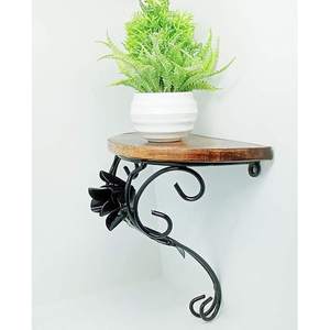 Support mural en bois et fer forgé, étagère murale, lot de 2, finition noire brillante pour une décoration intérieure élégante (noir et marron) - Product Image 1