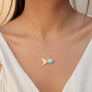 Unique Style Brass 18k Gold Plated Fish Shape Oval Cabochon Larimar Pendant Women's Chain Handmade Jewelry Gift Wedding - Product Image 2