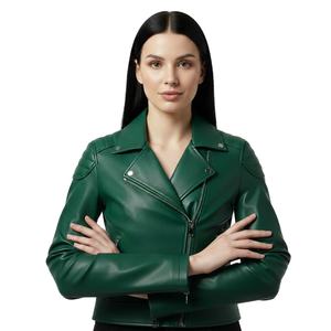 Veste de moto en cuir vert sur mesure en gros, veste de motard en cuir véritable pour femmes, style biker, manteau pour femmes, approvisionnement en vrac en usine, service OEM - Product Image 1