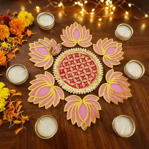 Decoración Rangoli de Loto Rosa Hecha a Mano con Siete Portavelas Dorados para Diwali, Bodas, Festivales, Decoración del Hogar y Pooja - Product Image 3