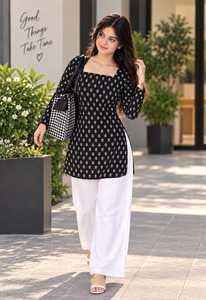 Women's Black Floral Print Square Collar <b>Bell</b> Sleeve Regular Fit Blouse Spring Summer Casual Party Woven Rayon Short Kurti - Product Image 6
