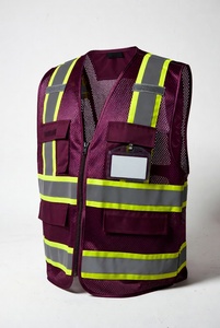 Chaleco de Seguridad Reflectante Color Granate con Paneles de Malla y Múltiples Bolsillos para Trabajos de Construcción y Tráfico - Product Image 1