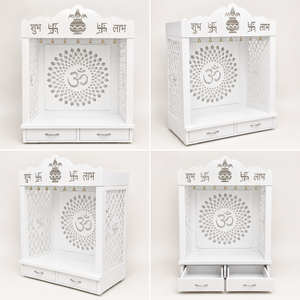Elegant White Jali Pattern Teak Wood Temple Modern White Pooja Mandir with Storage <b>Drawers</b> Wooden Pooja Ghar With Om Australia - Product Image 6