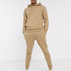 Men's Khaki Hooded <b>Tracksuit</b> Full Length Solid Color Casual Sweatshirt And Pants Set With Drawstring Closure And Side Pockets - Product Image 2