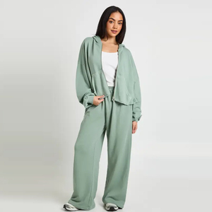 Custom Tracksuit <b>Women</b> Sage <b>Green</b> <b>Fleece</b> Full-Zip Hoodie with Pockets Matching Sweatpants Set Oversized Casual Style - Product Image 1