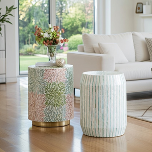 Mesa de Centro Decorativa de Lujo con Incrustaciones de Nácar Hechas a Mano, Diseño Floral, Redonda, con Incrustaciones de Hueso - Product Image 2