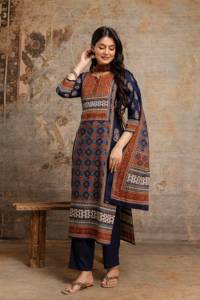 Elegant <b>Navy</b> Blue Cotton Straight Kurta <b>Suit</b> Set for <b>Women</b> with Coordinated <b>Trousers</b> and Traditional Printed Dupatta - Product Image 2