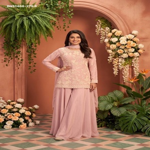 Premium Collection Chinon with <b>Beads</b> work Readymade Short-Length Straight Suit-Flared Solid Plazzo-Dupatta Set Indian Supplier - Product Image 1