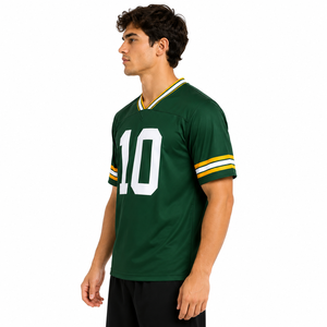 เสื้อฟุตบอลอเมริกันสีเขียวสำหรับผู้ชาย หมายเลข 10 ชื่อทีมสั่งทำได้ คอวี แขนสั้น ป้องกันรังสียูวี แห้งเร็ว ระบายอากาศได้ดี ป้องกันแบคทีเรีย - Product Image 2