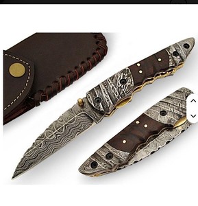 Multi-function Damascus Steel Folding Pocket Knife Foldable Pocket Custom Made <b>Small</b> Knife Pocket with Wood Handle - Product Image 3