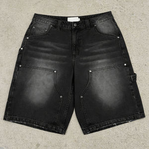Shorts de mezclilla selvedge de 12 oz estilo Y2K, lavado vintage, dobladillo sin rematar, por encima de la rodilla, corte retro holgado, fabricante OEM, mezclilla negra. - Product Image 1
