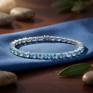 Bracelet tennis ovale en topaze bleue, or massif 18 carats, sertissage griffe, géométrique, luxe, unisexe, pour fête, mariage, cadeau, 10g, RIZTA JEWEL - Product Image 3