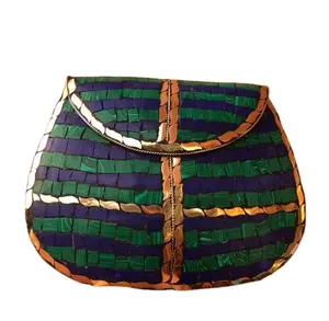 Bolsa de mão em mosaico colorida para mulheres, bolsa de mão com estampa de mosaico para noite, bolsa de metal com pedra azul e novo design