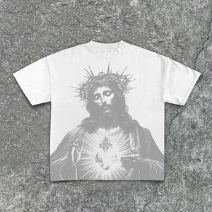 T-shirt pour homme blanc à imprimé photo de Jésus sur le devant, manches courtes, col rond, coupe classique, imprimé numérique, décontracté, 100% coton jersey - Product Image 1