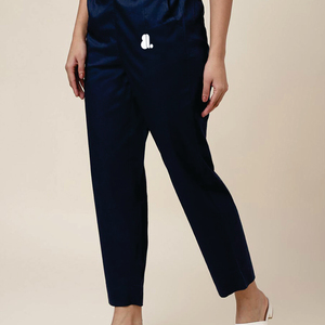 Women's Mid Waist Solid Color Pencil <b>Pants</b> Ankle-Length With Pockets Casual Style Flat Front Elastic Waist Embroidery Logo - Product Image 3