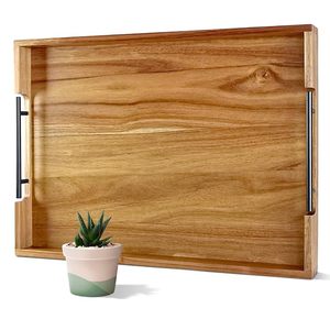 Acacia Wood Serving <b>Tray</b> Rectangular Decorative <b>Tray</b> with Metal Handles Polished Wooden Plate for Coffee Table <b>Dinner</b> Bar - Product Image 1
