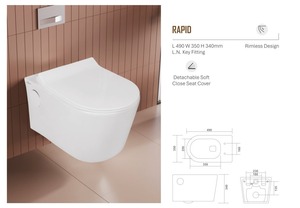Inodoro suspendido de pared con diseño sin borde, tapa de asiento desmontable de cierre suave, conexión L+N, tamaño 490x350x340mm - Product Image 3