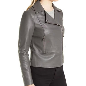 Women's Genuine Leather Moto Jacket Stand Collar Full Sleeve <b>Zipper</b> Closure Autumn Regular Length Solid Color - Product Image 4