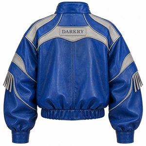 Biker Royal Blue Oversized <b>Leather</b> <b>Bomber</b> <b>Jacket</b> Grey Sleeve Stripe Fringe High Neck Elastic Hem Custom Wholesale Vendor - Product Image 2