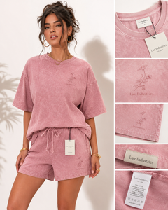 Ensemble T-shirt et short en molleton polyester/coton anti-boulochage respirant pour femme Laz Industries, vert délavé, coupe décontractée, col rond - Product Image 5