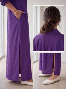 Vestido Largo Informal de Verano para Mujer, de Algodón y Lino, Color Morado, Estilo Camisero, Manga Larga, Cuello con Botones - Product Image 6