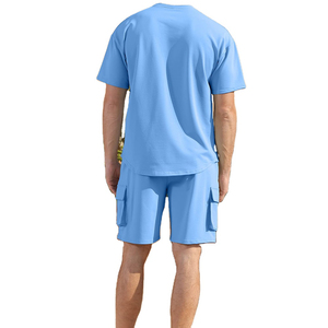 Ensemble de survêtement homme uni, épais et respirant, 100% coton, coupe oversize, avec short cargo et haut à manches courtes et col rond - Product Image 2