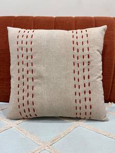 Handcrafted Minimalist Kantha Stitch Embroidery Square Cotton <b>Cushion</b> <b>Cover</b> with Anti-Dust Mite Feature in Beige and Red - Product Image 2