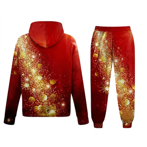 Unisex Red <b>Gold</b> <b>Sparkle</b> Print Hooded Tracksuit Full Sleeve Casual Winter Wear Breathable Polyester Drawstring Pants Set - Product Image 2