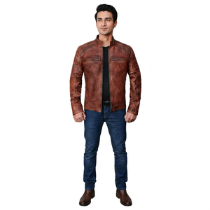 100% High Quality Cowhide Leather <b>Jacket</b> Fabric Stylish Breathable Quick Dry Waterproof Reversible Sherpa <b>Lined</b> Stand Front - Product Image 3