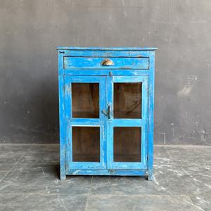Meilleure collection d'armoires de rangement en bois bleu faites à la main avec porte en verre et tiroir, art himalayen antique - Product Image 1