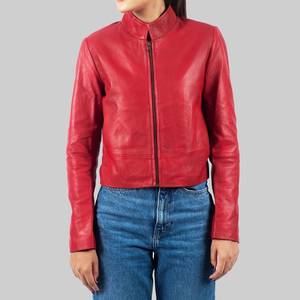 Veste en cuir véritable respirante pour femme Kristin, rouge, avec col montant - Veste en cuir rouge - Product Image 2