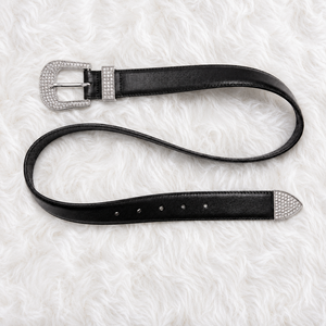 Ceinture en cuir PU pour femme avec strass, ceinture noire style western cowgirl avec boucle en cristal argenté, ceinture de taille tendance pour femme, vente en gros - Product Image 3