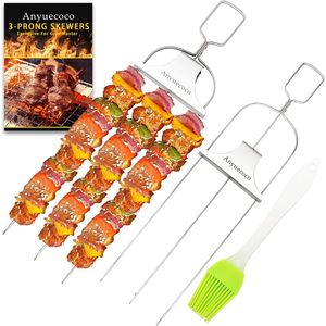 2 Brochetas de Acero Inoxidable de 14 Pulgadas y 3 Vías con Barra de Empuje, Herramientas Reutilizables de Metal para Asar a la Parrilla - Product Image 2