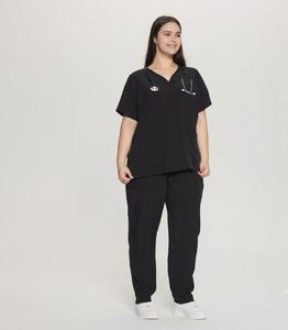 Ensemble de blouses médicales pour femmes, haut noir à col en V avec poches, pantalon à cordon, uniformes d'hôpital, tissu tissé en coton et polyester - Product Image 2