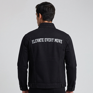 <b>Men's</b> Black Denim <b>Jacket</b> Mandarin Collar Embroidered <b>Lettering</b> Casual Outerwear Regular Fit Single Breasted Denim <b>Jackets</b> <b>Men</b> - Product Image 2
