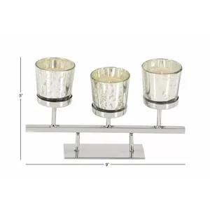 Moderno Portavelas de Acero Inoxidable para 3 Velas, 9 Pulgadas de Ancho, Decorativo para el Hogar, con Copas de Vidrio Mercurizado - Product Image 1