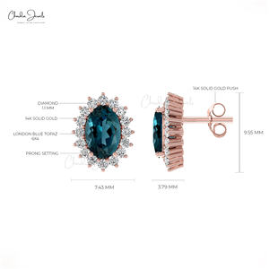ต่างหูแต่งงานแบบประณีต ประดับด้วยพลอยโทแพซสีน้ำเงินลอนดอนขนาด 6x4 มม. ตัวเรือนทองคำแท้ 14K ประดับเพชร งานแฮนด์เมด สำหรับผู้หญิง จากซัพพลายเออร์ที่ได้รับการยืนยันแล้ว - Product Image 5