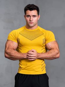 Yunla <b>Men's</b> <b>Yellow</b> Short Sleeve Compression <b>Shirt</b> Breathable Sporty Athletic Workout Tee Spandex/Polyester Summer - Product Image 1